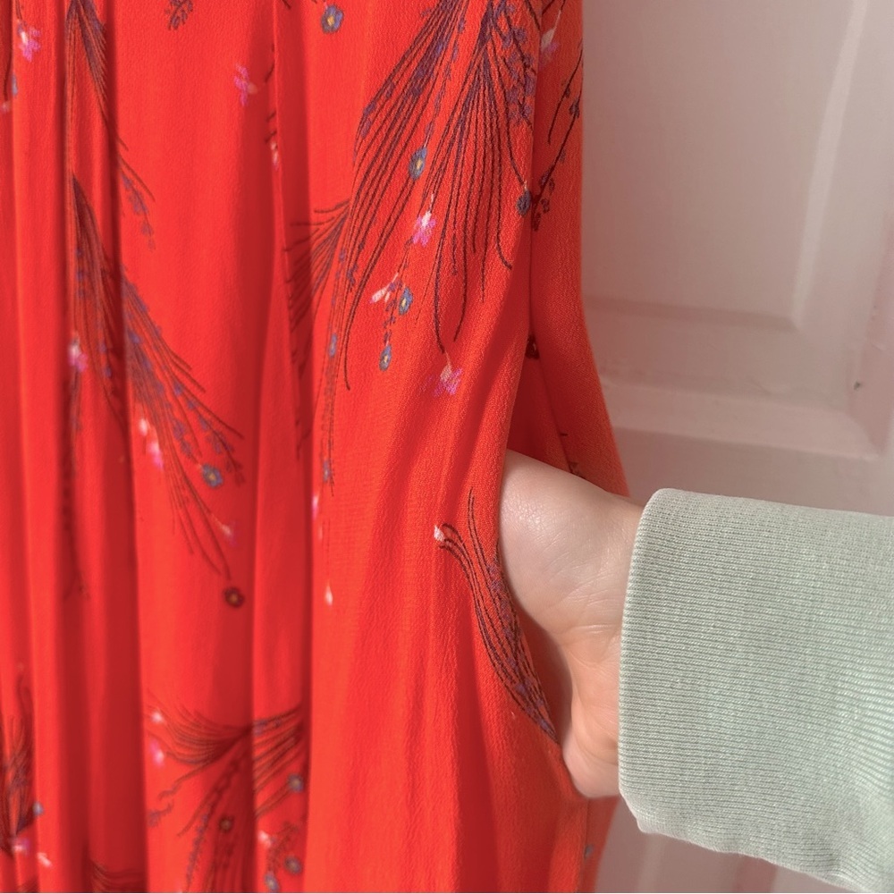 Free People Retro Coral Floral Print Dress Size 10 EUC Orange with Pockets - Picture 13 of 14